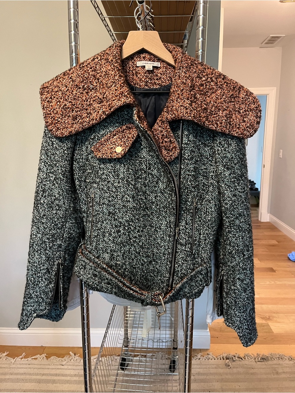 Carven Two-Tone Tweed Jacket in Blue Green and Orange 🍊